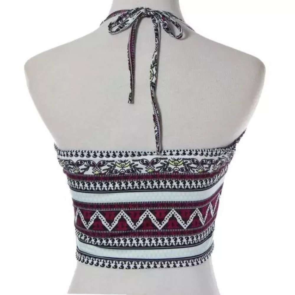 ☀️Sale Blue Red Aztec Print Halter Top Crop - Picture 2 of 6